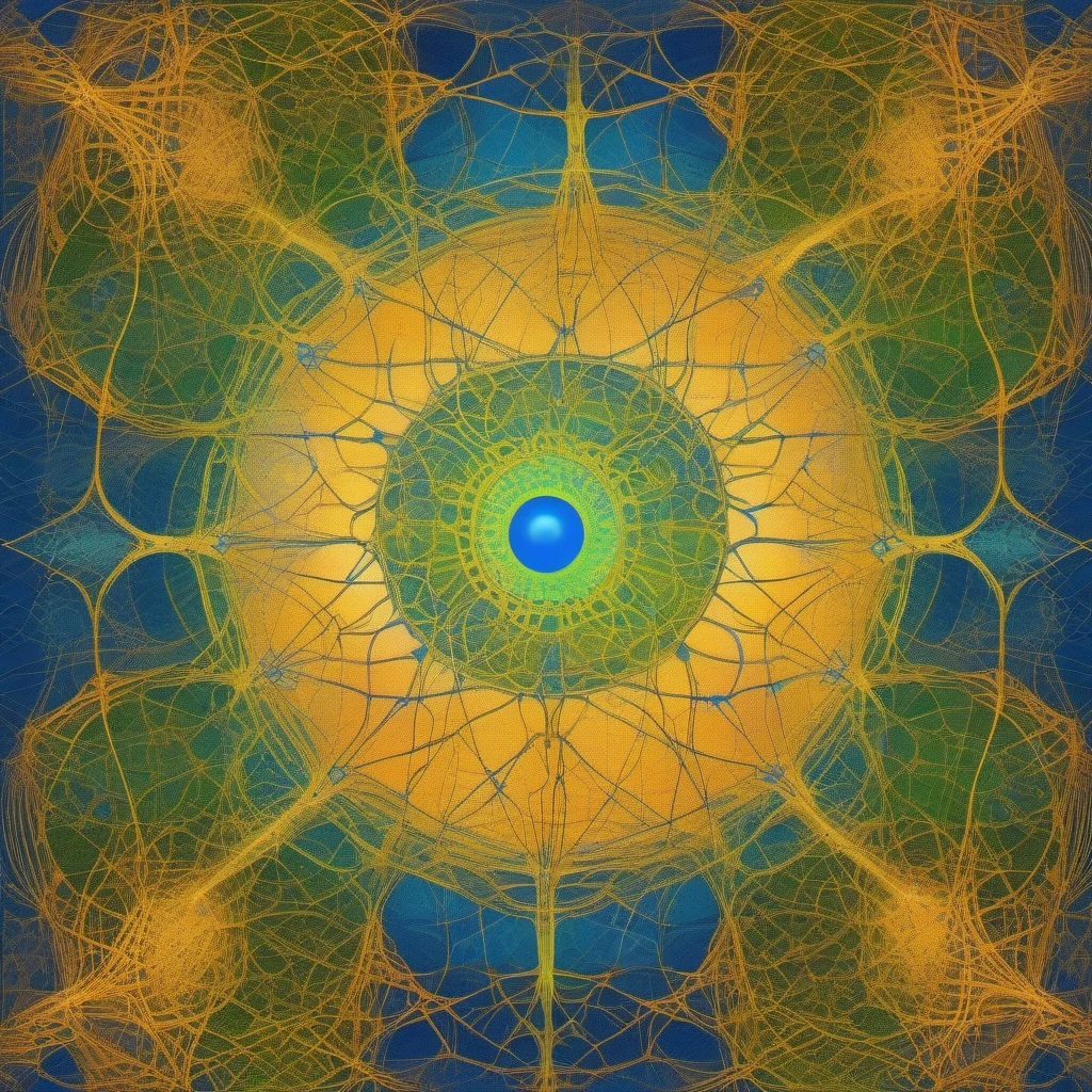 A symmetrical golden network of fine interconnected threads radiating from a single blue orb at the center, over blues and greens.