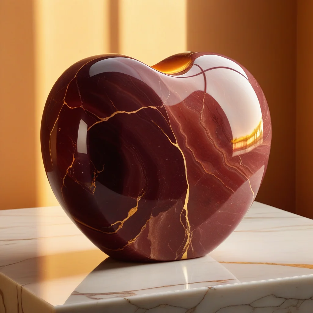 Photorealistic still life: a heart carved from deep red stone, veined with gold along its cracks, resting on a marble plinth in warm light.